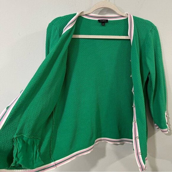 Talbots Green Pearl Button Down Cardigan Sweater  Pink White Trim Size XS - Picture 6 of 8